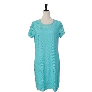 Issac Mizrahi Live! Turquoise Lace Short Sleeve Pullover Stretch Dress Size S